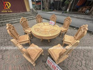 Đồ Gỗ Dũng Anh | Bộ 8 Ghế Louis Hoa Hồng và Bàn Tròn Bát Quái - Gỗ Gõ Đỏ