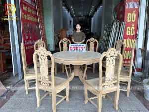 Đồ Gỗ Dũng Anh | Bộ 8 ghế Chương hồng vách nho + bàn tròn yếm vén siêu đẹp - gỗ gõ đỏ