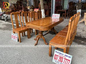 Đồ Gỗ Dũng Anh | Bộ sản phẩm 8 Ghế Triện Thọ ( Mặt Tràn ) + Bàn chữ nhật yếm bo - Phun Sơn Màu Trần