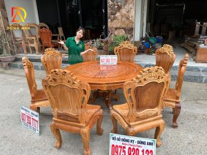 Đồ Gỗ Dũng Anh | Bộ 8 ghế Louis Hoàng gia + bàn tròn đục Trống Đồng - Gỗ Gõ Đỏ
