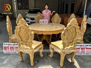 Đồ Gỗ Dũng Anh | Mẫu Bàn Ăn 8 Ghế Louis Hoàng Gia ( Hoa Mai ) + Bàn Tròn yếm vén  - Gỗ Gõ Đỏ