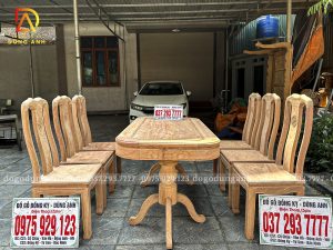 Đồ Gỗ Dũng Anh | Bộ sản phẩm 6 Ghế Triện Thọ Mặt Tràn - Bàn Chữ nhật Yếm bo Gỗ Hương Đá