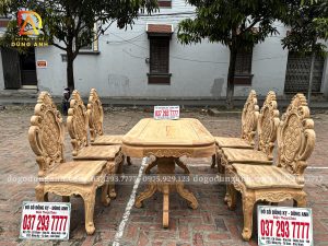 Đồ Gỗ Dũng Anh | Mẫu Bàn Ăn 6 Ghế Louis Hoàng Gia ( Hoa Mai ) + Bàn Chữ Nhật yếm vén  - Gỗ Gõ Đỏ