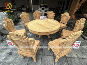 Đồ Gỗ Dũng Anh | Lên Sóng Hàng Mộc Thô Bộ 8 Ghế Louis Hoàng Gia - Bàn Tròn Yếm Bo - Gỗ gõ đỏ