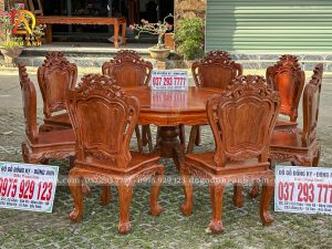 Đồ Gỗ Dũng Anh | Hàng Sơn PU Cực Đẹp – Bộ 8 Ghế Louis Hoàng Gia Gõ Đỏ + Bàn Tròn Yếm vén