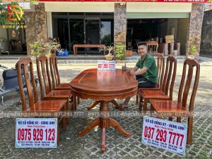 Đồ Gỗ Dũng Anh | Bộ 6 Ghế Triện Thọ Xoan Đào – Bàn Ovan Yếm Vén siêu đẹp