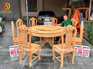 Đồ Gỗ Dũng Anh | Hàng Mộc Thô Bộ Bàn Ăn 8 Ghế Chương Hồng Vách Nho – Bàn Tròn Siêu TO – Gỗ gõ đỏ