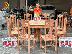 Đồ Gỗ Dũng Anh | Bộ bàn ăn 8 Ghế Cây Đàn kết hợp Bàn Tròn Yếm Vén – Gỗ Hương Đá