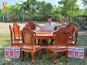 Đồ Gỗ Dũng Anh | Hoàn Thiện Sơn PU – Bộ Bàn Ăn 8 Ghế Louis Hoàng Gia Kết Hợp Bàn Trống Đồng