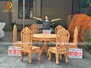 Đồ Gỗ Dũng Anh | Mẫu Bàn Ăn Siêu Vip 6 Ghế Louis Hoa Hồng Kết Hợp Bàn Tròn - Gỗ Hương Đá
