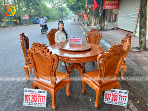 Đồ Gỗ Dũng Anh | Hoàn Thiện Sơn PU – Bộ Bàn Ăn 6 Ghế Louis Hoàng Gia + Bàn Tròn Yếm Bo | Gõ Đỏ Pachy