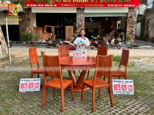 Đồ Gỗ Dũng Anh |  Bộ Bàn Ăn 6 Ghế Ba Tiêu kết hợp Bàn Tròn Chân Trụ Chữ V Nguyên Khối - Gỗ Hương Đá.