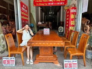 Đồ Gỗ Dũng Anh | Bộ Bàn Chữ Nhật Nguyên Khối & 8 Ghế Hiện Đại Anh Đào – Gỗ Gõ Đỏ Sang Trọng