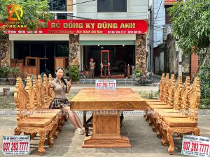 Đồ Gỗ Dũng Anh | Hoàn Thiện Mộc Thô - Đơn Đặt Hàng Cô Tuyết - Bộ Bàn Ăn Nguyên Khối 12 Ghế Louis Hoa Hồng Luxury kết hợp Bàn Siêu To