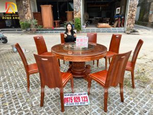 Đồ Gỗ Dũng Anh | Hoàn Thiện Sơn PU - Bộ sản phẩm 8 Ghế Hiện Đại Anh Đào + Bàn Tròn Chân Trụ Nguyên Khối - Gỗ Gõ Đỏ