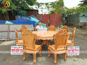 Đồ Gỗ Dũng Anh l Lên Sóng Hàng Mộc Thô – Bộ Bàn Ăn 8 Ghế Louis Hoàng Gia + Bàn Tròn Yếm Vén + Gỗ Gõ Đỏ
