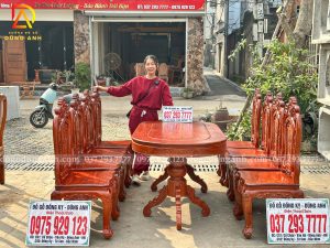 Đồ Gỗ Dũng Anh | Mẫu Bàn Ăn Siêu Vip 8 Ghế Louis Hoa Hồng Kết Hợp Bàn Bầu Dục - Gỗ Hương Đá