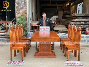 Đồ Gỗ Dũng Anh | Hoàn Thiện Sơn PU - Bộ 8 Ghế Hoa Cúc - Bàn Chữ Nhật Nguyên Khối - Gỗ gõ đỏ