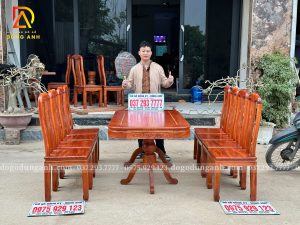 Đồ Gỗ Dũng Anh | Bộ sản phẩm 8 ghế Triện Thọ kết hợp với bàn Chữ Nhật Yếm Bo trên nền gỗ Hương Đá