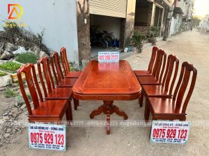 Đồ Gỗ Dũng Anh | Bộ sản phẩm 8 ghế Triện Thọ kết hợp với bàn Chữ Nhật Yếm Bo | gỗ Hương Đá