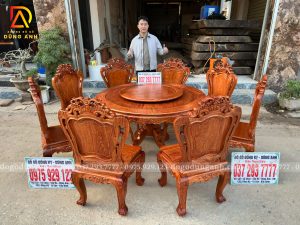 Đồ Gỗ Dũng Anh | Hoàn Thiện Đánh Véc Ni – Bộ Bàn Ăn 8 Ghế Louis Hoàng Gia + Bàn Tròn Yếm Vén + Gỗ Hương Đá