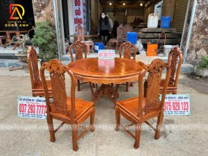 Đồ Gỗ Dũng Anh | Hoàn Thiện Sơn PU – Bộ Bàn Ăn 6 Ghế Hồng Con | Bàn Tròn Yếm Vén | Gỗ Gõ Đỏ