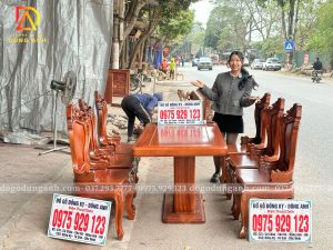 Đồ Gỗ Dũng Anh | Hoàn Thiện Sơn PU – Bộ Bàn Ăn 8 Ghế Louis Hoàng Gia Có Tay + Bàn Chữ Nhật Hiện Đại + Gỗ Gõ Đỏ