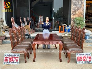 Đồ Gỗ Dũng Anh | Hoàn Thiện Sơn PU – Bộ Bàn Ăn 8 Ghế Hoàng Gia bọc đệm  + Bàn củ lạc  + Gỗ Gõ Đỏ