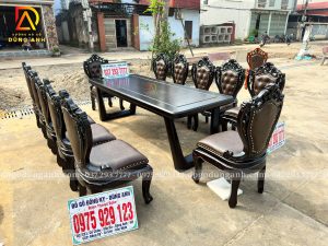 Đồ Gỗ Dũng Anh | Bộ 12 Ghế Nữ Hoàng Bọc Da kết hợp Bàn Chữ Nhật Chân Trụ U Nguyên Khối Gõ Đỏ Nam Phi