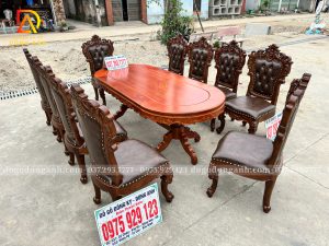 Đồ Gỗ Dũng Anh | Siêu Phẩm Bàn Ăn 10 Ghế Bọc Đệm Mẫu Mới Kết Hợp Bàn Bầu Dục KT 220*100cm Gỗ Gõ Đỏ