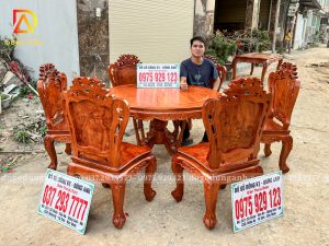 Bàn Ăn Tròn 6 Ghế Louis Hoàng Gia ( Đục 1 Mặt ) Gỗ Hương Đá Nam Phi Siêu Vân | Đồ Gỗ Dũng Anh