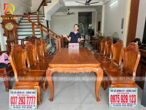 Bộ Bàn Ăn Hoàng Gia Bàn Chữ Nhật Củ Lạc - 8 Ghế ( Đục 2 Mặt ) Gỗ Gõ Đỏ | Đồ Gỗ Dũng Anh