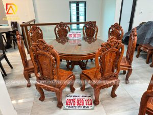 Bộ Bàn Ăn Tròn Hương Đá ĐK 140 Hoàng Gia - 8 Ghế Gỗ Hoa Hồng