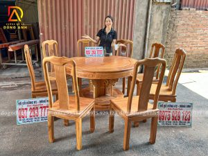 Bàn Ghế Ăn Tròn 8 Ghế Triện Thọ - Chân Trụ Cánh Phượng Sang Trọng Gỗ Gõ Đỏ | Đồ Gỗ Dũng Anh