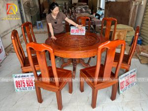 Bàn Ghế Ăn Tròn 8 Ghế Triện Thọ ( Hàng Dày ) - Bàn Đục Trống Đồng Gỗ Gõ Đỏ | Đồ Gỗ Dũng Anh