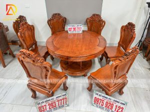 Bàn Ăn Tròn 6 Ghế Louis Hoàng Gia Mặt Tràn Liền Khối – Chân Trụ Tứ Phượng Gỗ Hương Đá
