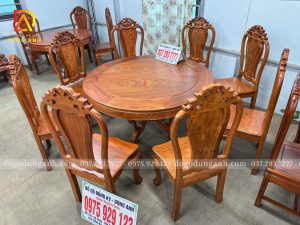 Bàn Ăn Tròn 8 Ghế Hoa Cúc – Hàng Mặt Tràn , Chân Trụ Nguyên Khối | Gỗ Gõ Đỏ Nam Phi