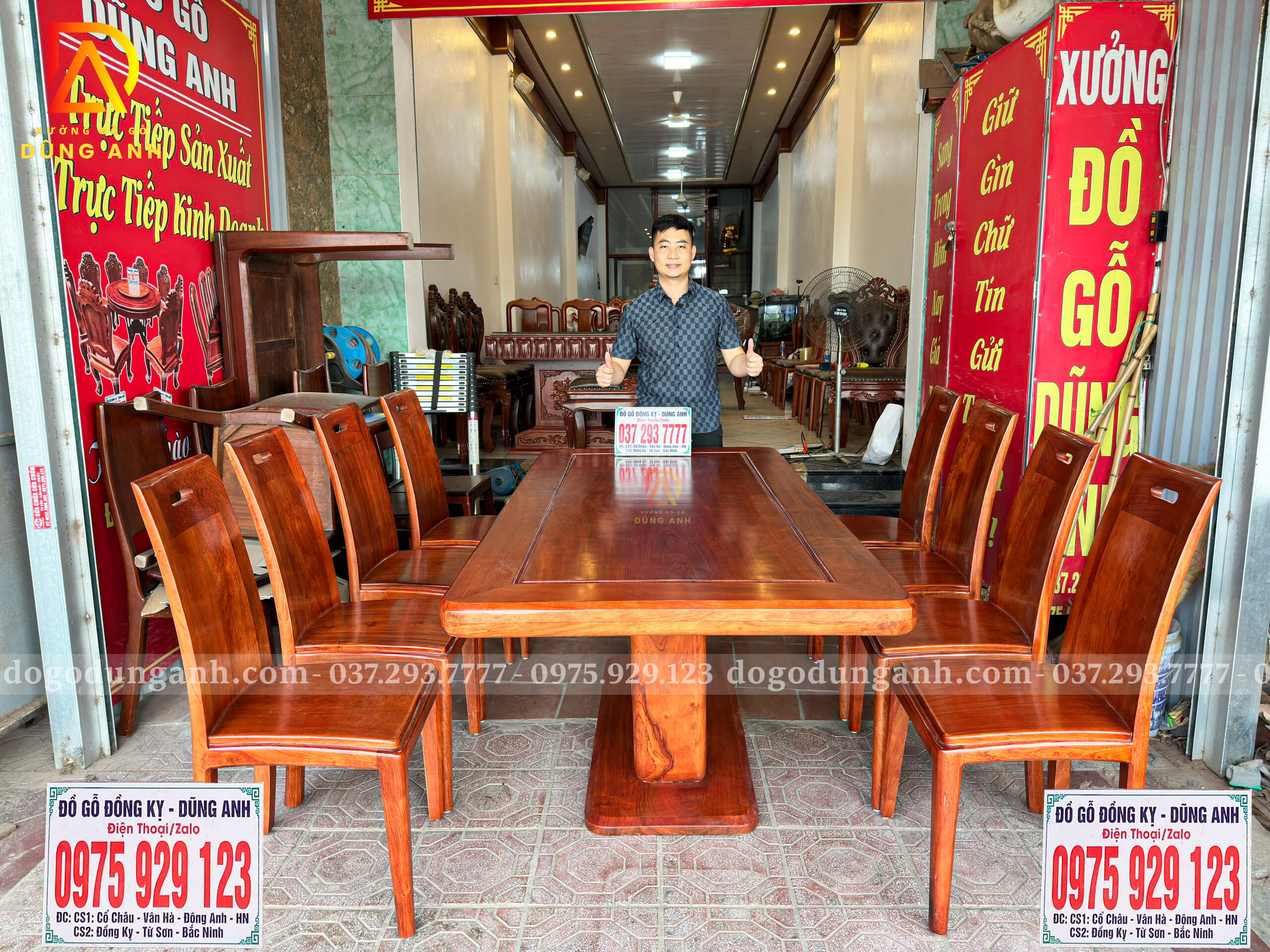 Bộ Bàn Ăn Chữ Nhật 8 Ghế Anh Đào – Chân Thuyền Nguyên Khối Gỗ Hương Đá