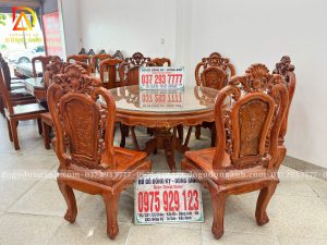 Bàn Ăn Tròn Hương Đá Bộ 6 Ghế Louis Hoàng Gia Hoa Hồng Mặt Long Khung
