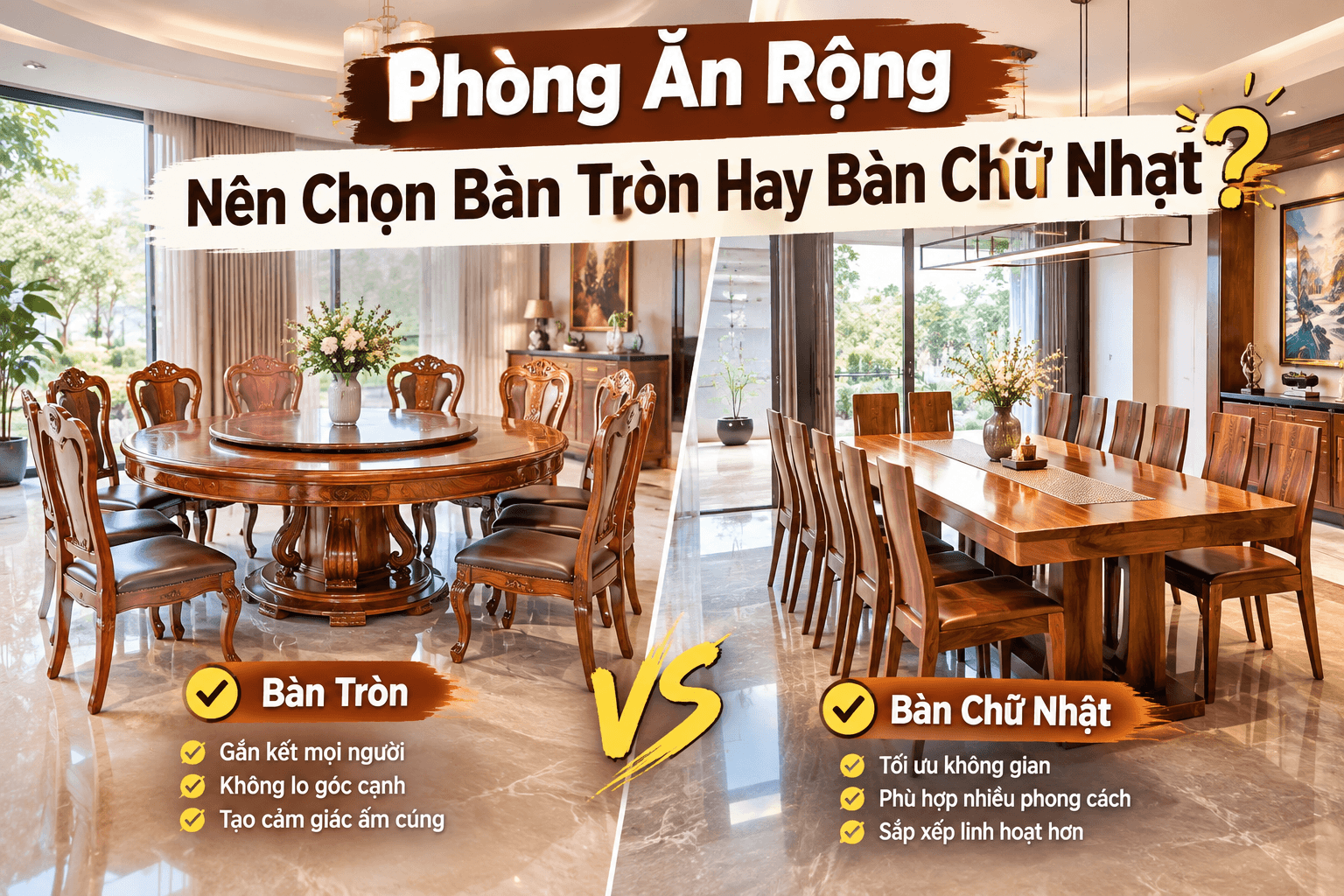 Phòng Ăn Rộng Nên Chọn Bàn Tròn Hay Bàn Chữ Nhật?