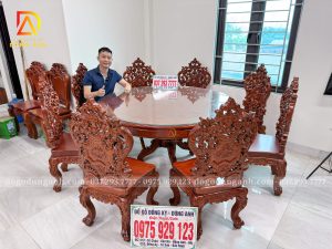 Bàn Ăn Tròn 8 Ghế Hoàng Gia Luxury ( Hàng Vip ) - Bàn Tròn Vân Nu Gỗ Gõ Đỏ | Đồ Gỗ Dũng Anh