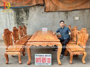 Bàn Ăn Hoàng Gia 8 Ghế ( Đục 2 Mặt ) – Bàn Củ Lạc Sang Trọng | Cận Cảnh Vân Veo Hàng Sơn Lót